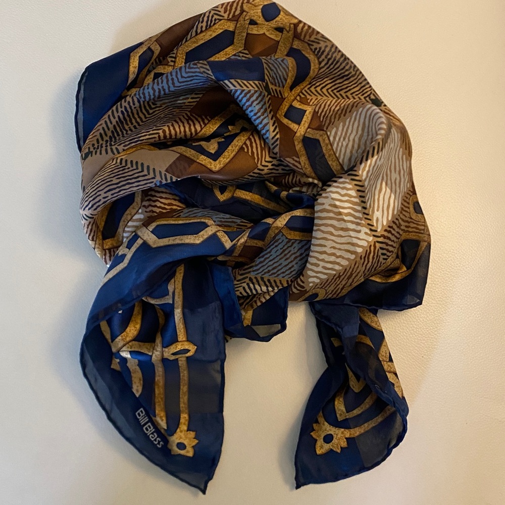 Bill Blass Vintage Silk Blue and Gold Patterned Scarf